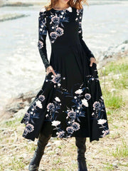 Women's Dresses Vintage Print Pocket Long Sleeve Dress