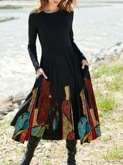 Women's Dresses Vintage Print Pocket Long Sleeve Dress