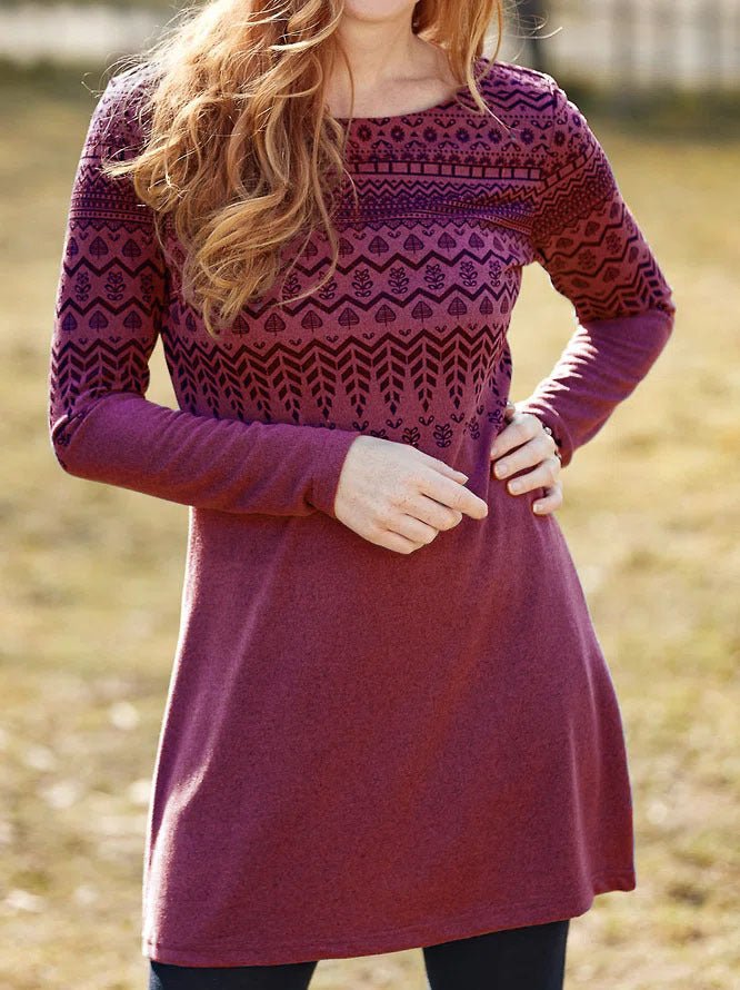 Women's Dresses Vintage Printed Round Neck Long Sleeve Dress