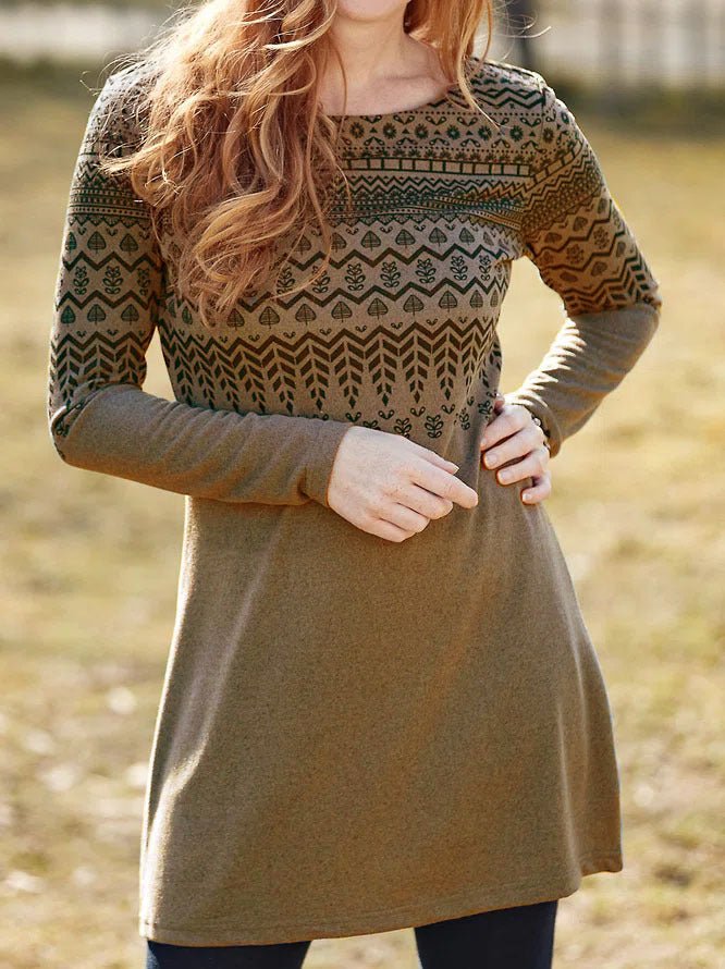 Women's Dresses Vintage Printed Round Neck Long Sleeve Dress