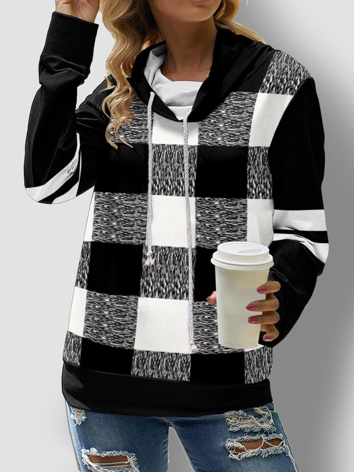 Women's Hoodies Check Printed Long Sleeve High Neck Drawstring Hoodie