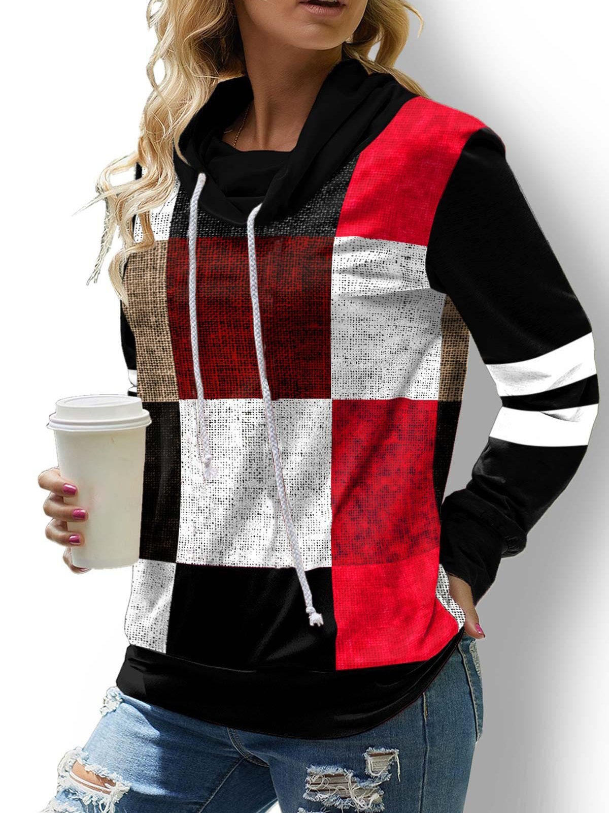 Women's Hoodies Check Printed Long Sleeve High Neck Drawstring Hoodie
