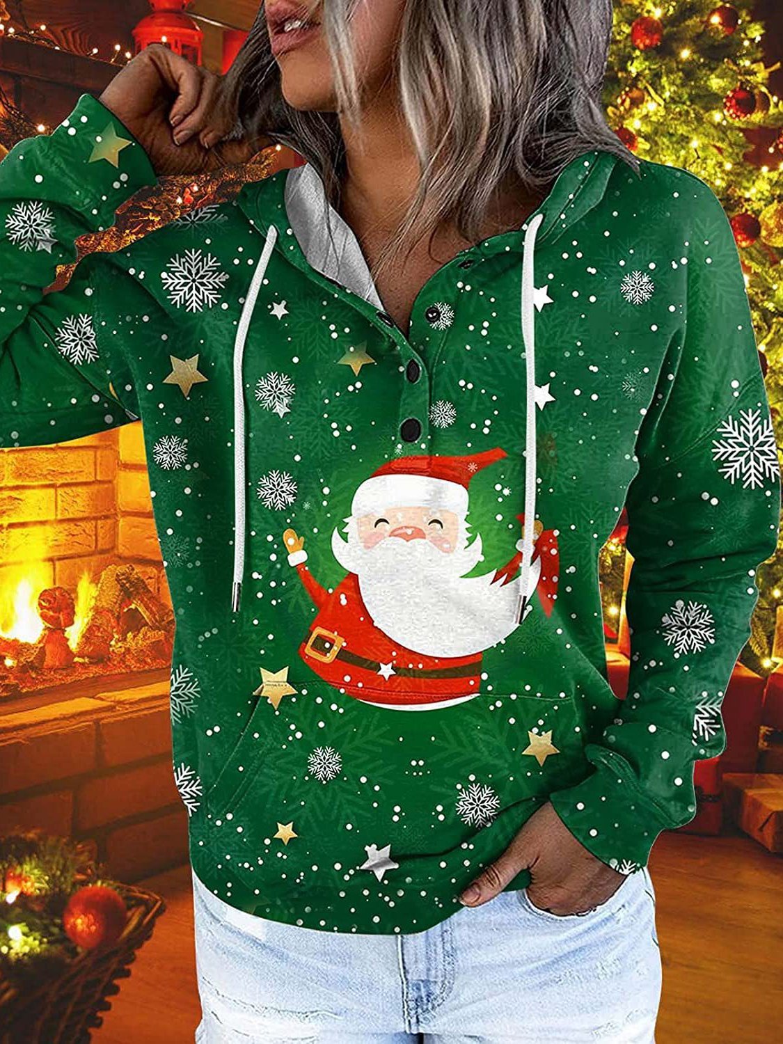 Women's Hoodies Christmas Printed Pocket Button Long Sleeve Hoodie