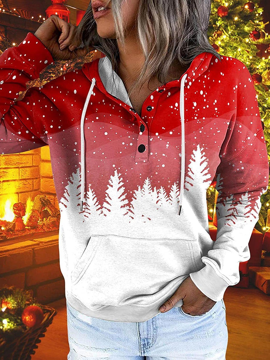 Women's Hoodies Christmas Printed Pocket Button Long Sleeve Hoodie