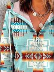 Women's Hoodies Vintage Print Half-Zip Long Sleeve Hoody