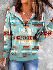 Women's Hoodies Vintage Print Half-Zip Long Sleeve Hoody