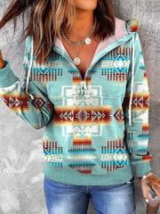 Women's Hoodies Vintage Print Half-Zip Long Sleeve Hoody