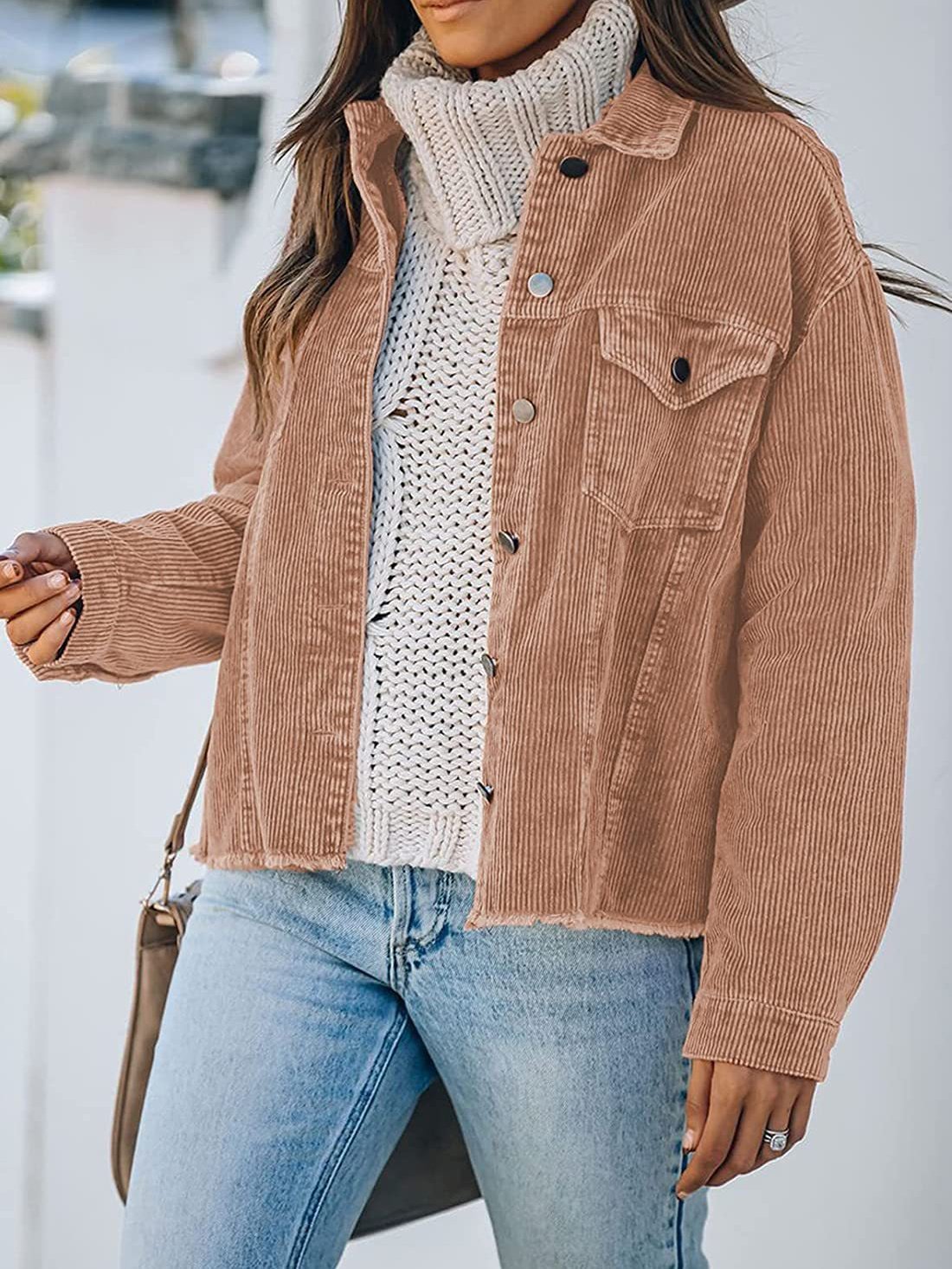 Women's Jackets Corduroy Button Loose Long Sleeve Jacket