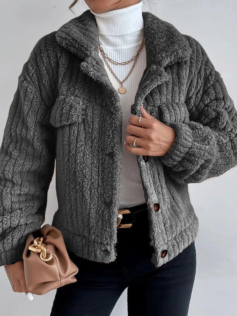 Women's Jackets Plush Lapel Button Long Sleeve Jackets