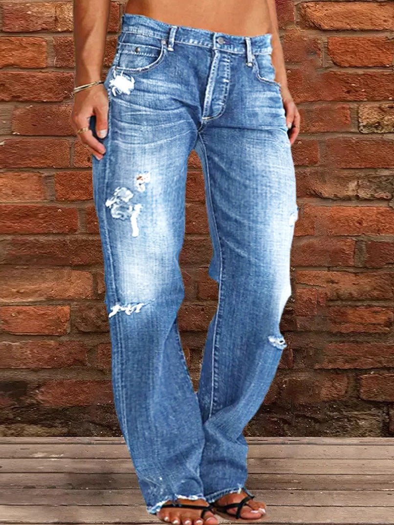 Women's Jeans Stretch Ripped Washed Casual Straight Jeans