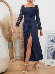 Women's Jumpsuits Lace Square Neck Tie Double Slit Jumpsuit