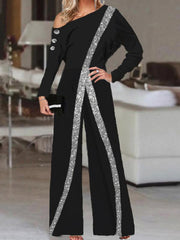 Women's Jumpsuits Sequin Paneling Slanted Shoulder Long Sleeve Wide Leg Jumpsuits