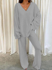 Women's Sets Solid V Neck Casual Long Sleeve Top & Pants Warm Two Piece Set