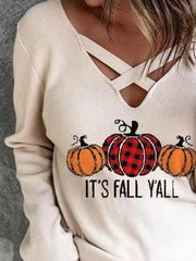 Women's Sweaters Pumpkin Print V-Neck Long Sleeve Halloween Sweaters