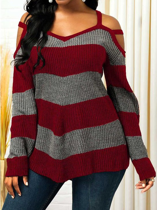 Women's Sweaters Striped Off-The-Shoulder Knit Sweater