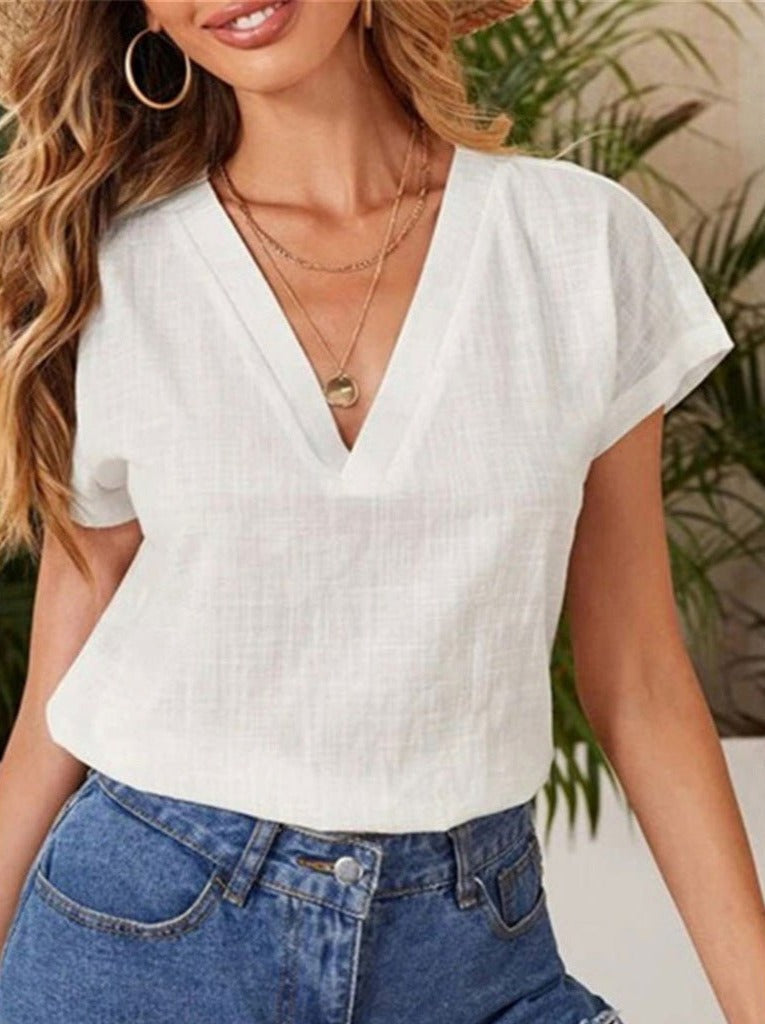 Women's T-Shirts Loose Solid V-Neck Short Sleeve T-Shirt