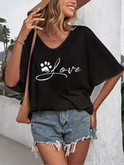 Casual Women's T-Shirts Mid Sleeve V Neck Animal Paw Print T-Shirt