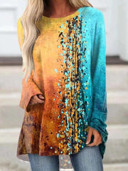 Women's T-Shirts Multicolor Print Crew Neck Long Sleeve T-Shirt