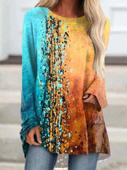 Women's T-Shirts Multicolor Print Crew Neck Long Sleeve T-Shirt