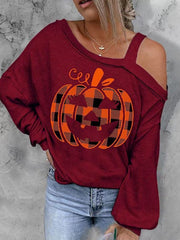 Women's Halloween T-Shirts Pumpkin Print Off-The-Shoulder Long-Sleeve T-Shirts