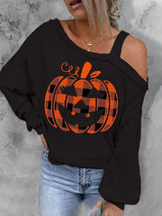 Women's Halloween T-Shirts Pumpkin Print Off-The-Shoulder Long-Sleeve T-Shirts