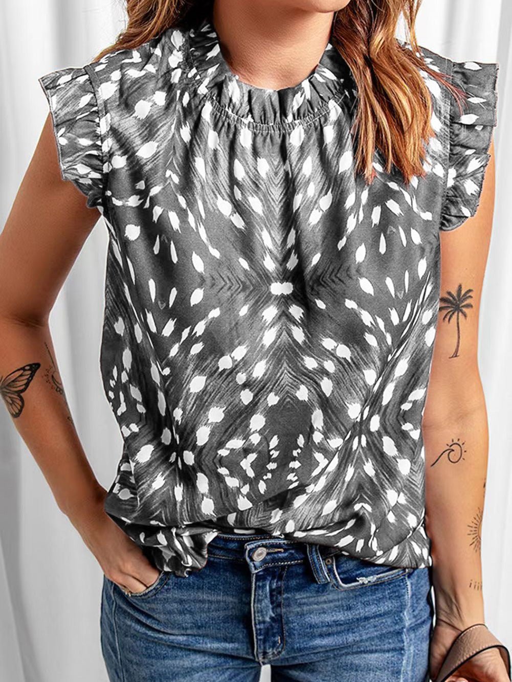 Women's T-Shirts Round Neck Print Ruffle Short Sleeve T-Shirt