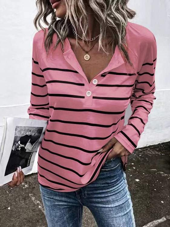 Women's T-Shirts Striped Button Long Sleeve T-Shirt