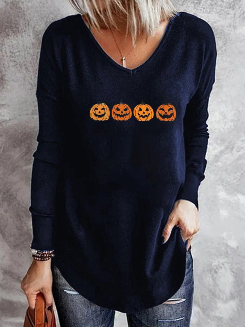 Women's Halloween T-Shirts V-Neck Printed Long Sleeve Casual T-Shirts