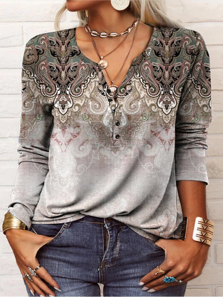 Women's T-Shirts V-Neck Vintage Print Long Sleeve T-Shirts