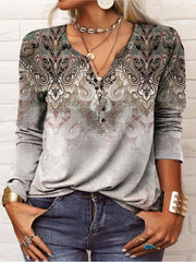 Women's T-Shirts V-Neck Vintage Print Long Sleeve T-Shirts