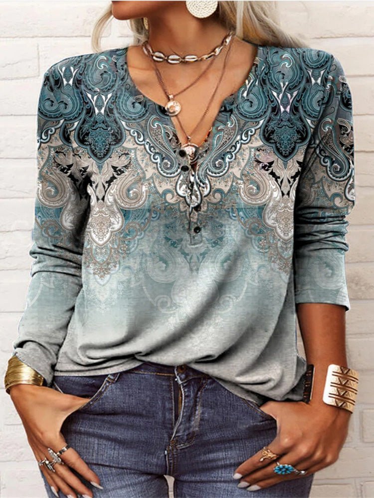 Women's T-Shirts V-Neck Vintage Print Long Sleeve T-Shirts