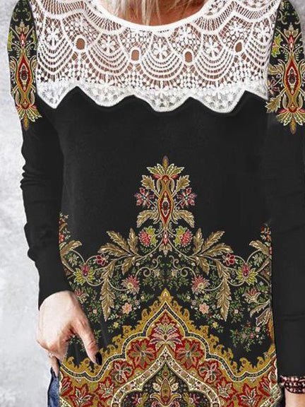 Women's T-Shirts Vintage Print Lace Panel Long Sleeve T-Shirt