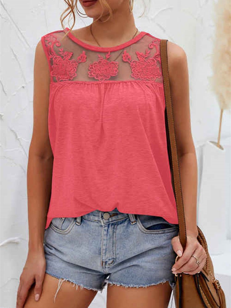 Women's Tank Tops Crew Neck Lace Panel Sleeveless Tank Tops